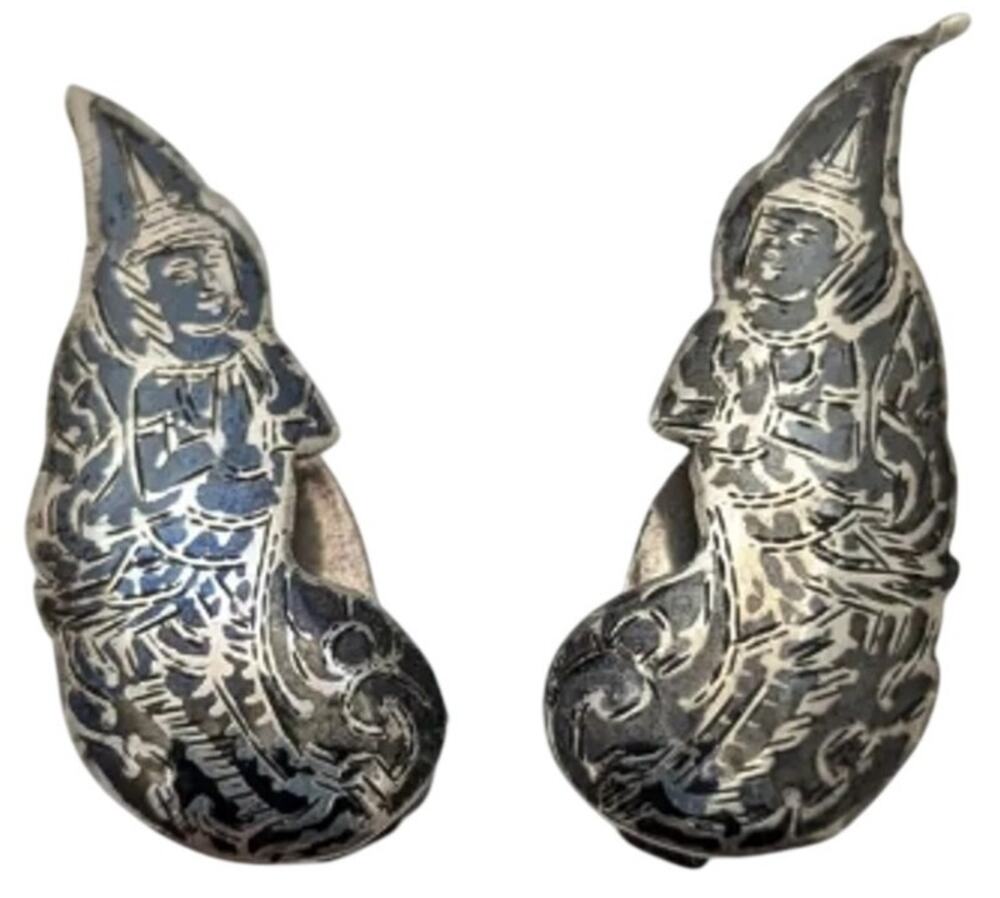 K.A. Silver Vintage Siamese Silver Clip-On Earrings 1.5 inches Vintage
